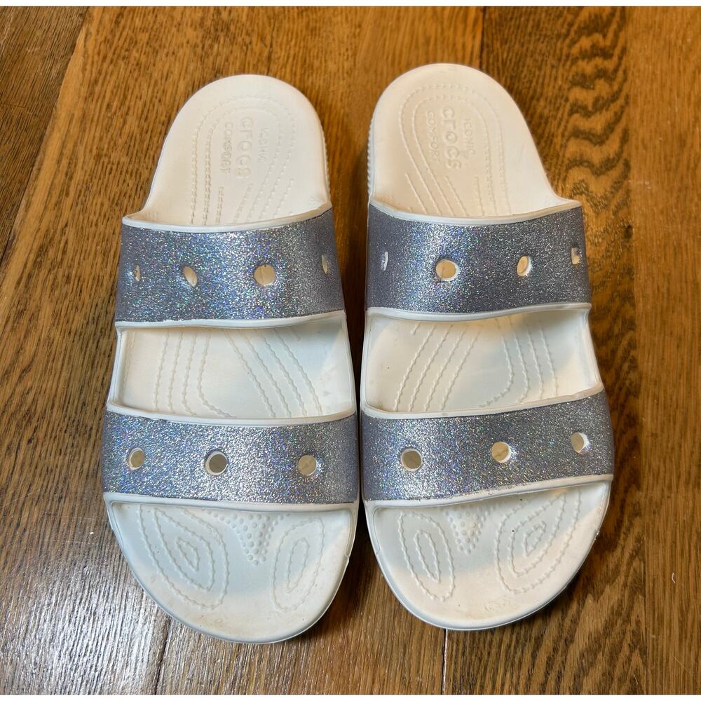 Iconic Crocs Comfort Glitter Silver White Sandal Slide Size Men's 9 Women's 11